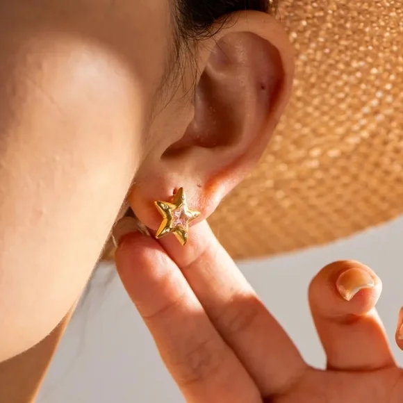 Anthropology Gold Star Earrings surgical steel waterproof tarnish proof birthday - Picture 7 of 8